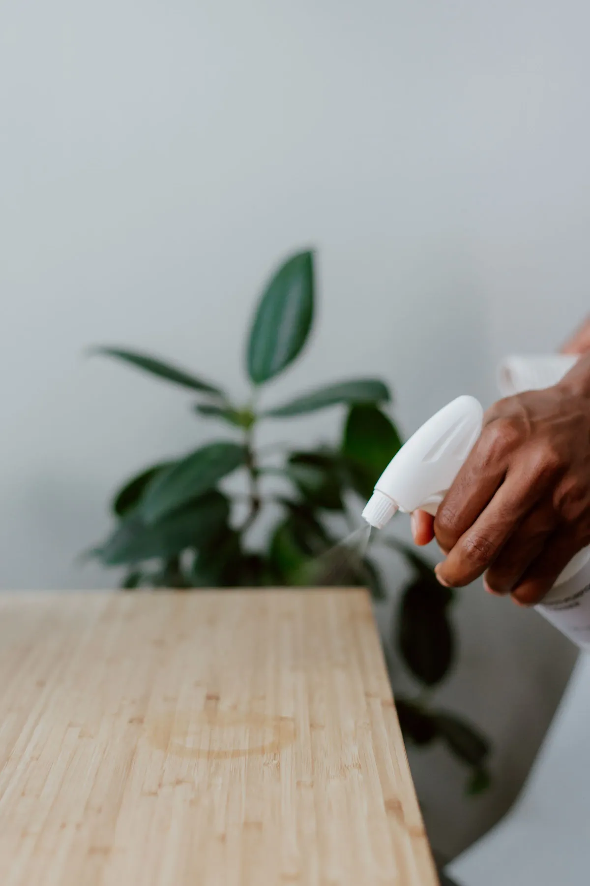 Illustrative stock photo: hand spraying a wooden tabletop before wiping it clean