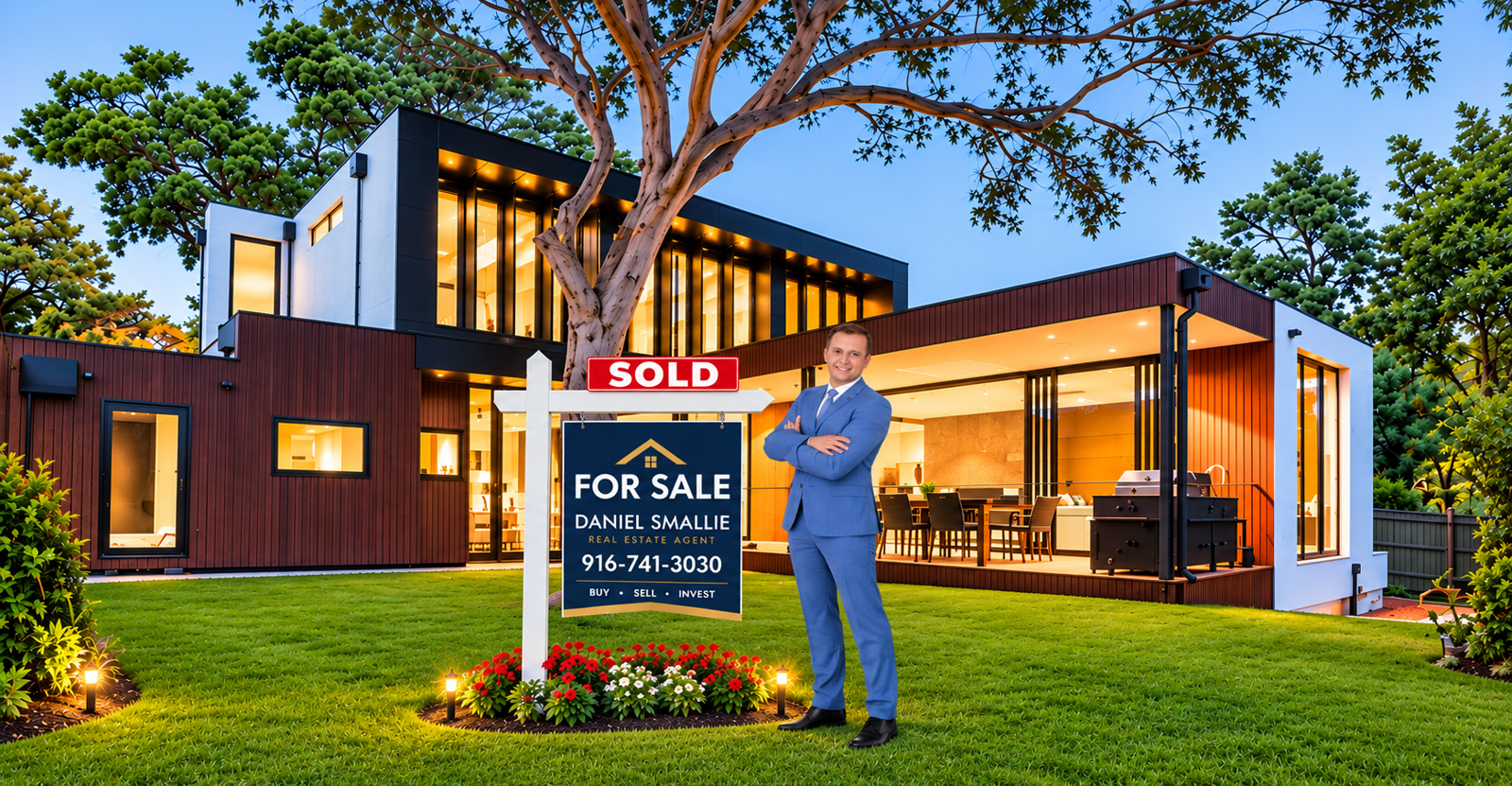 Daniel Smallie standing beside a Sold and For Sale sign on the front lawn of a modern home at dusk