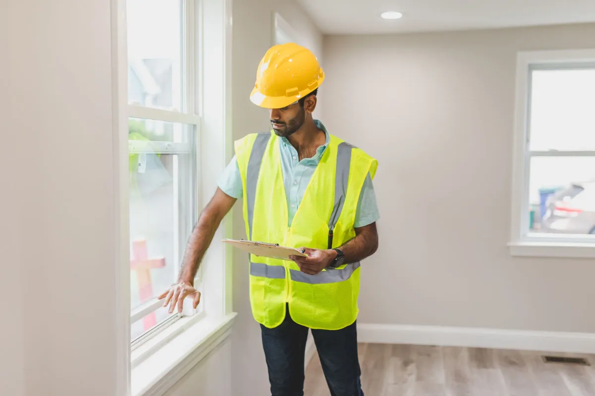 Illustrative stock photo: inspector checking an interior window while holding a clipboard