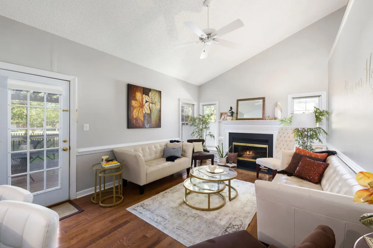Illustrative stock photo: staged living room with a pale sofa, plants and a fireplace